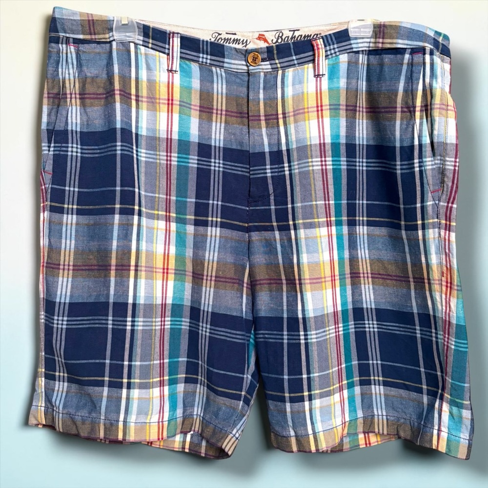 Tommy Bahama Mens Plaid Linen Tencel Shorts Blue Yellow Multi Size 40 Flat Front